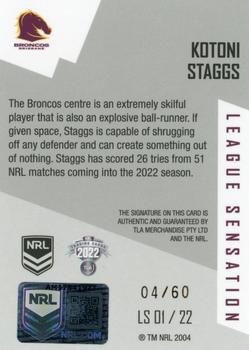 2022 NRL Elite - League Sensations Signatures White #LS01 Kotoni Staggs Back
